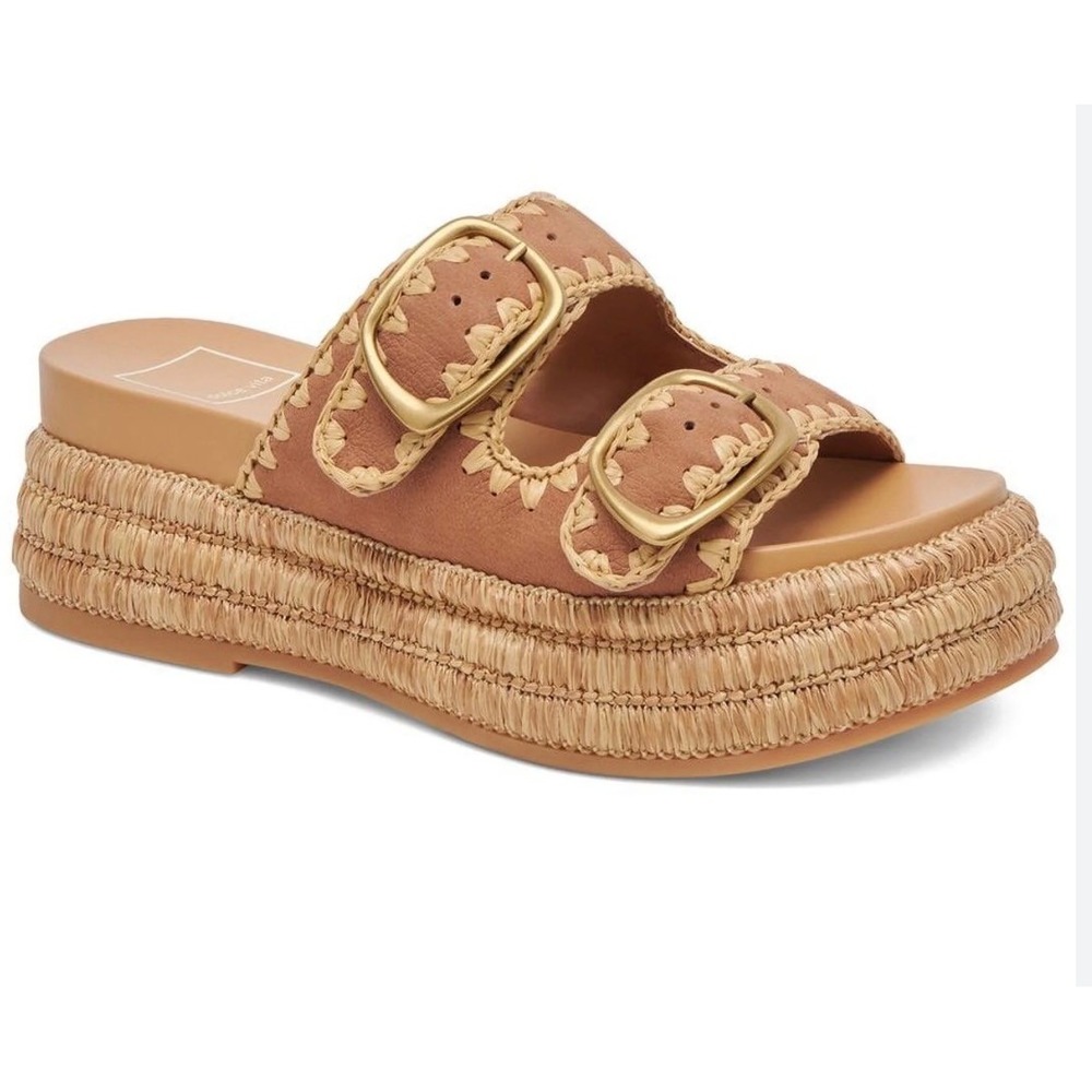 Boho Dolce Vita Tan Leather Cottagecore Platform 10 Buckle Slide Sandals
